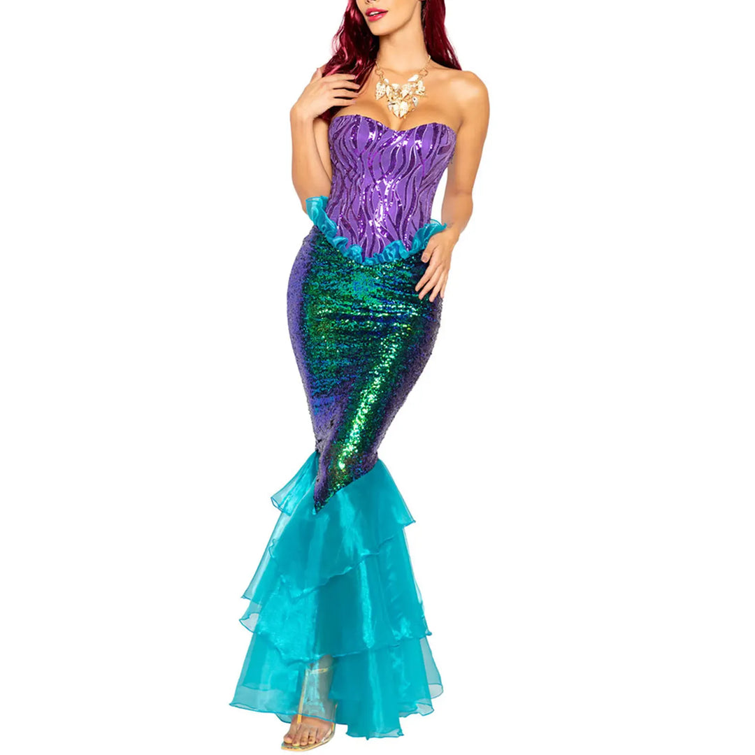 Déguisement sirène femme adulte avec jupe queue de poisson brillante et haut bustier pour cosplay ou carnaval.