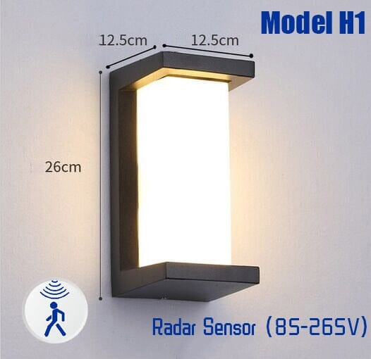 Éclairage LED moderne pour l'extérieur, étanche IP65. Détecteur de mouvement pour économie d'énergie et sécurité.