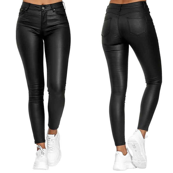 Legging femme chic en similicuir noir, taille haute, parfait pour une tenue élégante et moderne.