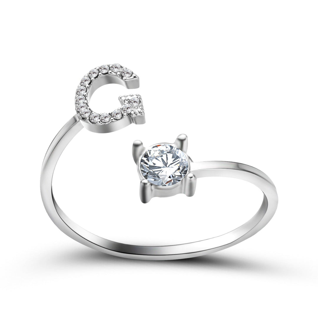 Bague femme élégante, initiale personnalisée, réglable zircon.