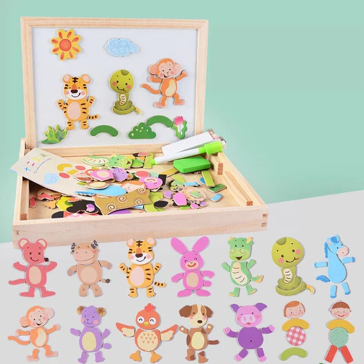 Enfant jouant avec un tableau de dessin en bois et ses pièces de puzzle magnétiques. Activité éducative sans écran.
