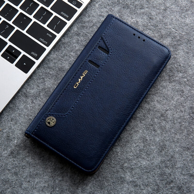 Coque iPhone en cuir avec rabat magnétique, résistante aux chocs et rayures, porte-cartes.