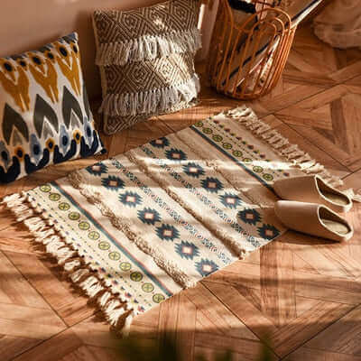 Tapis salon lavable design bohème, couleurs vives en coton, facile à nettoyer.