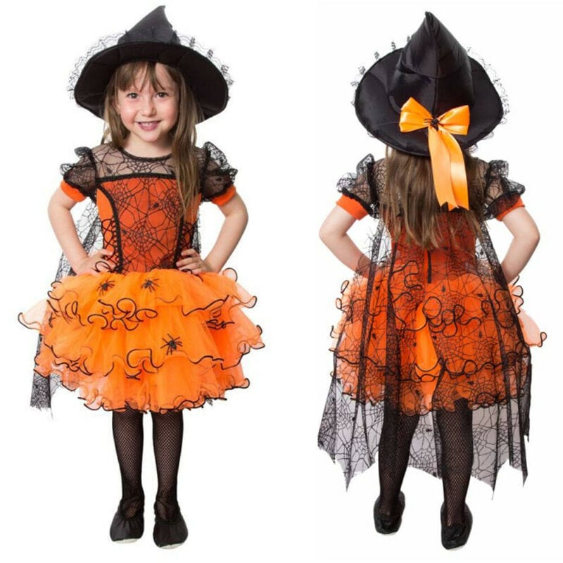 Robe de petite sorcière fantaisie pour enfant, idéale pour un costume Halloween fille avec araignée scintillante.