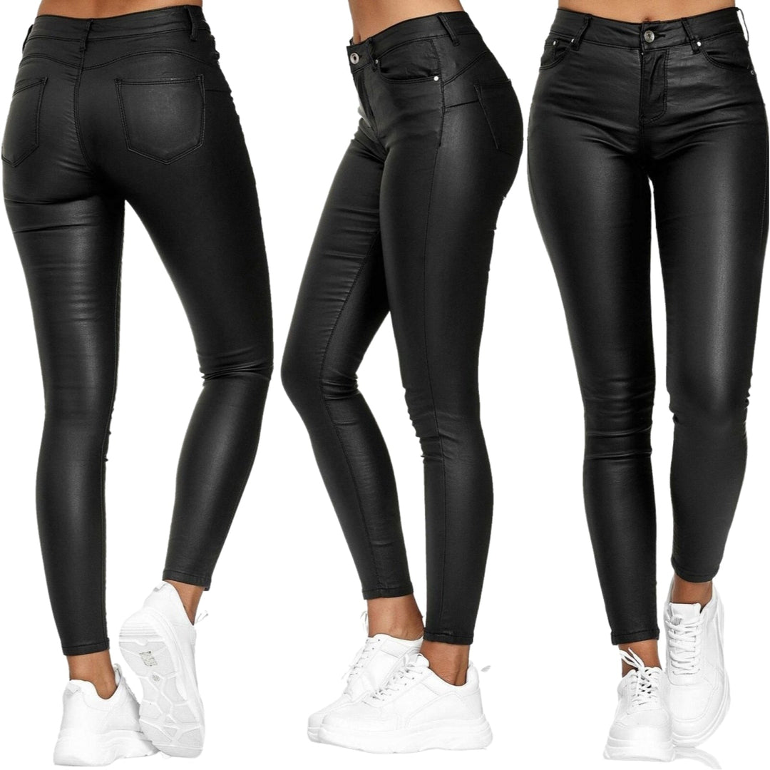 Pantalon femme rouge en cuir stretch, taille haute, style chic pour la mode automne.