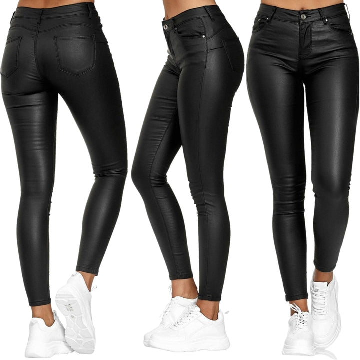 Pantalon femme rouge en cuir stretch, taille haute, style chic pour la mode automne.