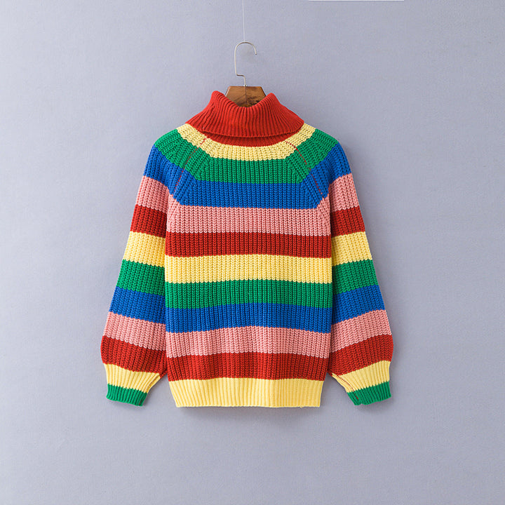 Confortable pull femme multicolore à rayures arc-en-ciel, doux et élégant, idéal pour l'automne-hiver.