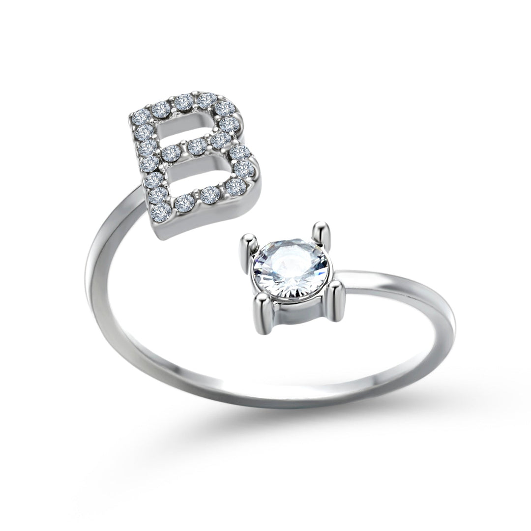 Bague femme personnalisée avec initiale, réglable, en argent.