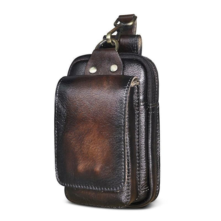 Sac banane homme vintage marron foncé, en cuir véritable robuste, pochette de ceinture pratique et sûre.