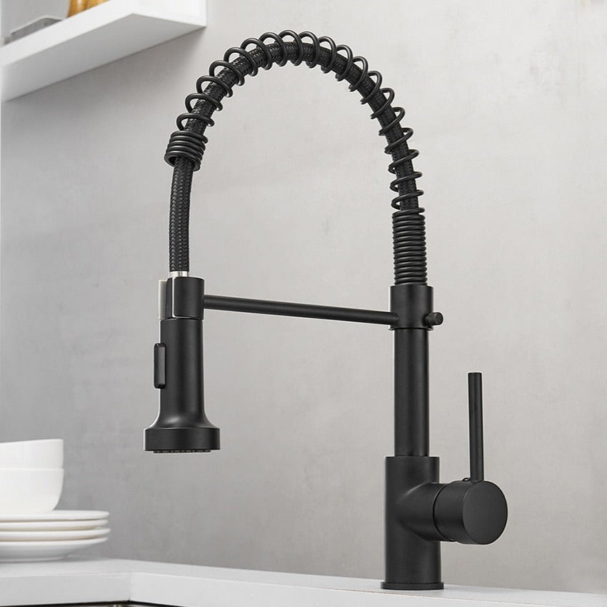 Robinet moderne pour cuisine, douchette flexible et finition chrome brillant.