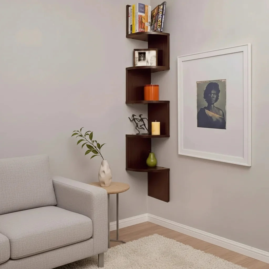 Étagère murale d'angle flottante, design moderne. Idéale pour l'optimisation de l'espace et la décoration de votre intérieur.