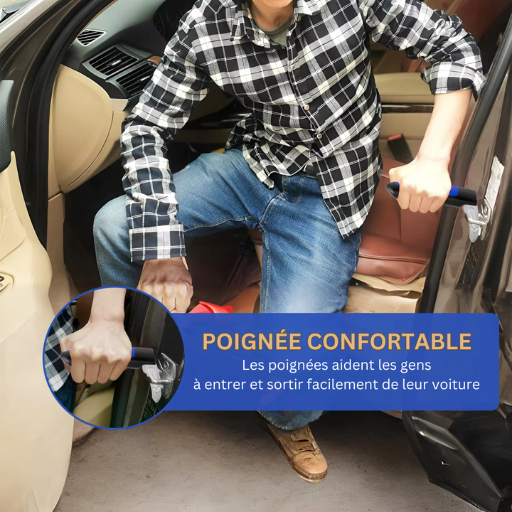 Barre d'appui LiftMate ergonomique, support autonome universel pour voiture. Confort et stabilité accrus pour l'utilisateur.
