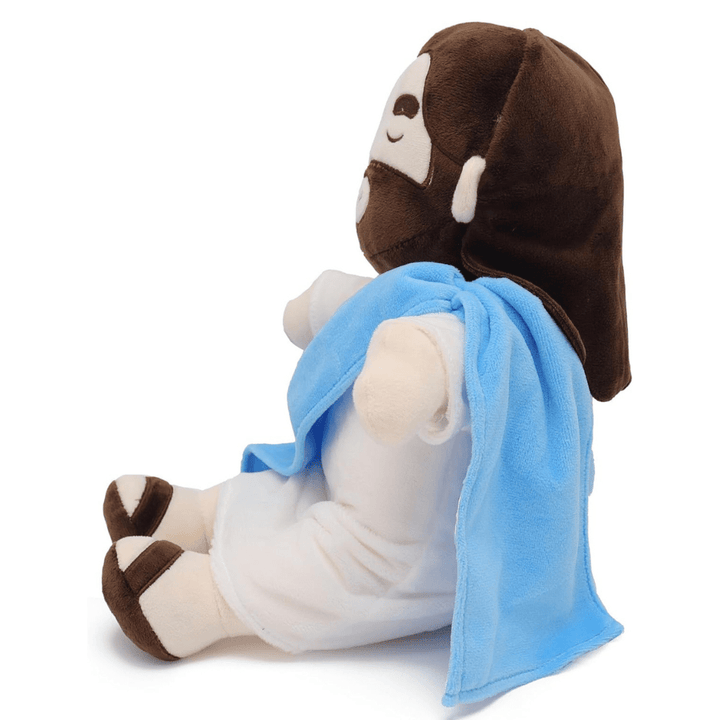 Peluche Jésus hypoallergénique, douce au toucher. Offre un sommeil paisible et un réconfort spirituel unique.