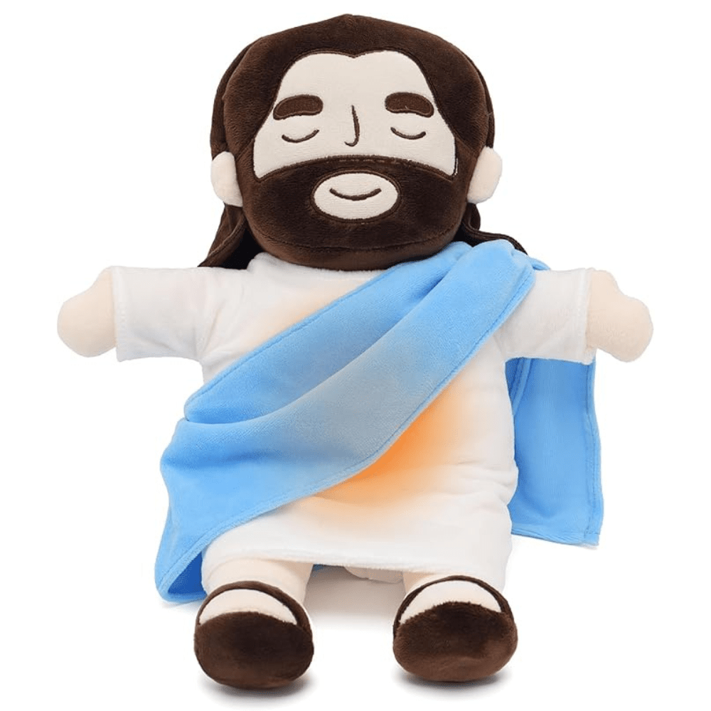 Gros plan sur la peluche Jésus, inspirant calme et sérénité. Un jouet doux, parfait pour une aide au sommeil.