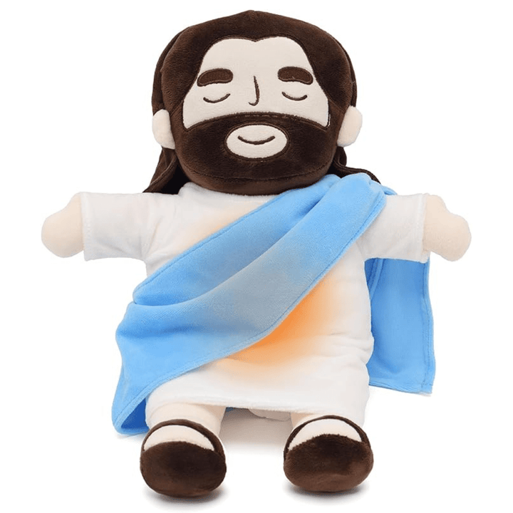Gros plan sur la peluche Jésus, inspirant calme et sérénité. Un jouet doux, parfait pour une aide au sommeil.
