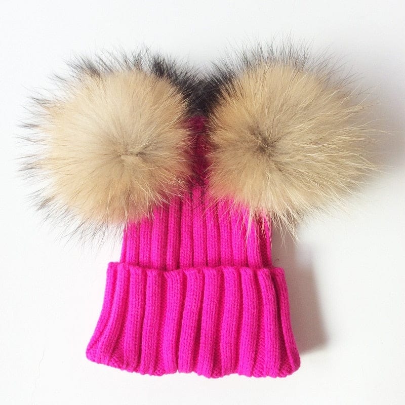 Bonnet d'hiver pour enfant, double pompon fourrure doux, protection contre le froid.
