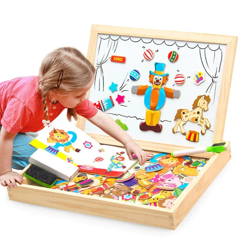 Tableau de dessin réversible et puzzle magnétique en bois pour enfants, idéal pour créativité et apprentissage.