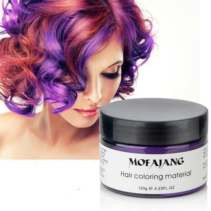 Stylisme capillaire avec cire colorante végétale éphémère, pour un look unisexe audacieux.