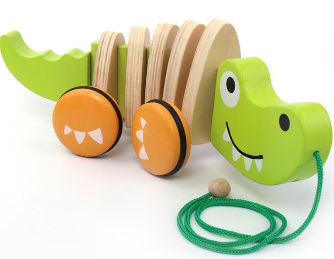 Cadeau jouet en bois à tirer pour bébé et enfant, avec chien et crocodile. Parfait pour l'éveil et la marche.