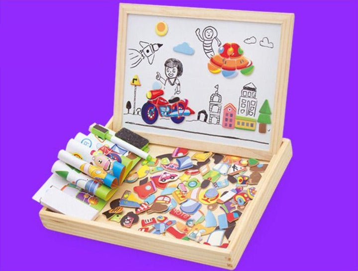 Jouet en bois pour enfants: tableau de dessin et puzzle magnétique, améliore la cognition et la créativité par le jeu.
