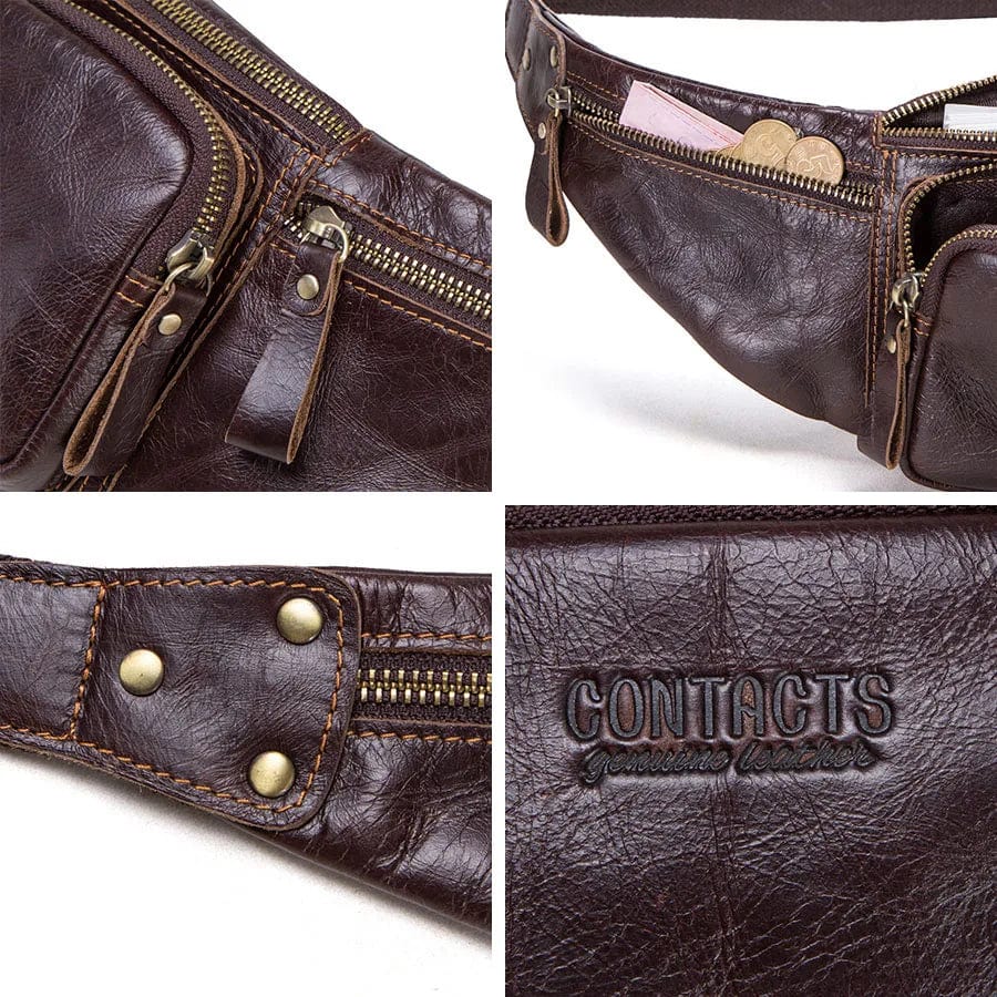 Sacoche banane pour homme en cuir véritable couleur café, accessoire polyvalent et élégant.