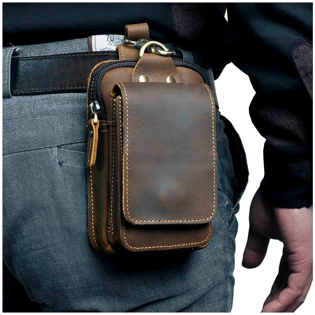 Sac banane homme cuir véritable vintage marron, pochette de ceinture élégante et pratique.