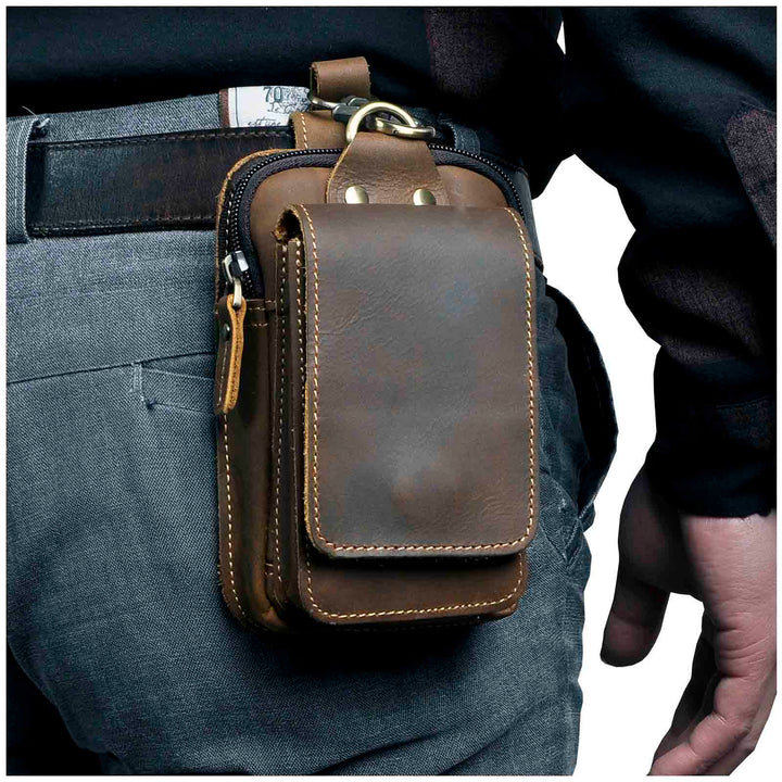 Sac banane homme cuir véritable vintage marron, pochette de ceinture élégante et pratique.