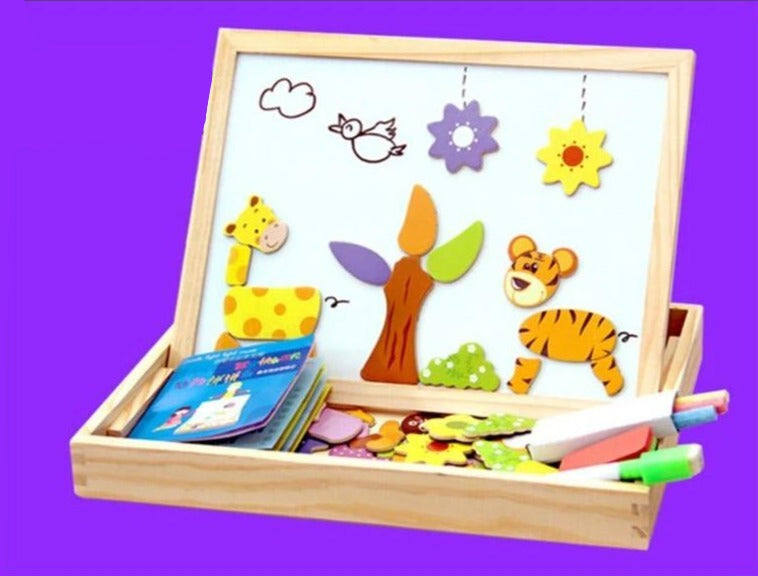 Tableau de dessin et puzzle magnétique 2-en-1 en bois, excellent pour les activités intérieures et le développement.