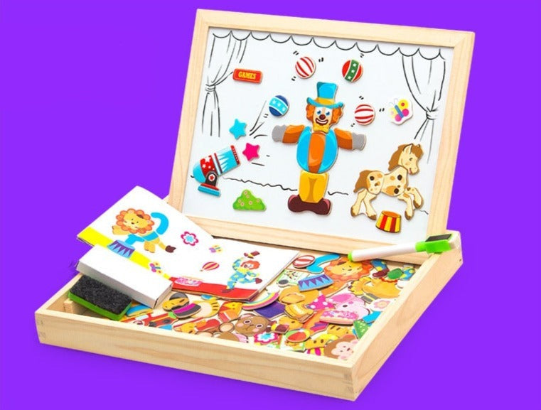 Tableau de dessin réversible et puzzle magnétique en bois, un jeu éducatif complet pour la motricité et l'imagination.