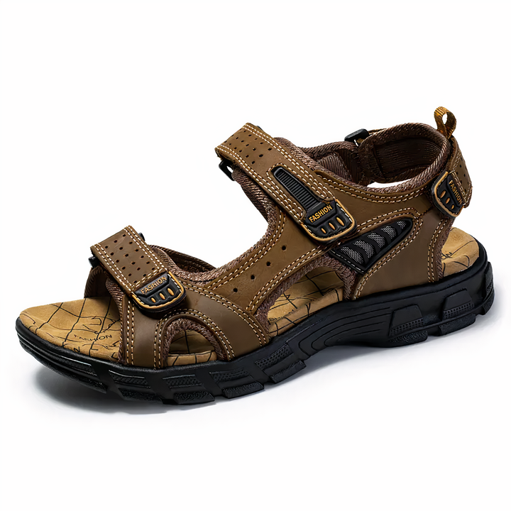 Sandales ergonomiques noires pour hommes, conçues pour le soutien des pieds sensibles, offrant confort et stabilité pour l'été.