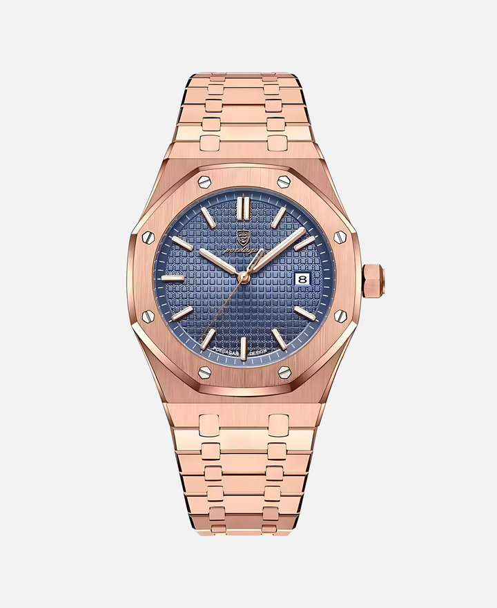 Montre homme 41mm élégante en acier inoxydable, finition or rose. Accessoire raffiné et tendance.