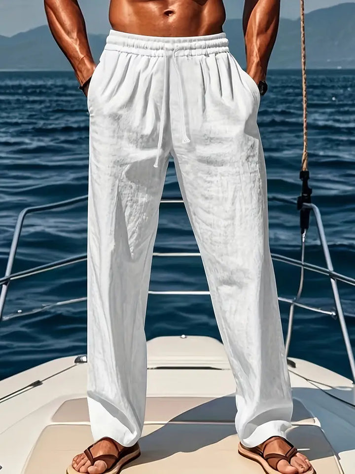 Pantalon large homme en lin respirant pour l'été, couleur beige, coupe décontractée et élégante.