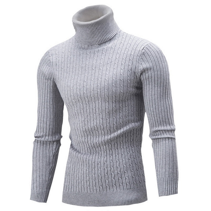 Pull homme élégant à col roulé, polyvalent pour un look décontracté ou formel en hiver.