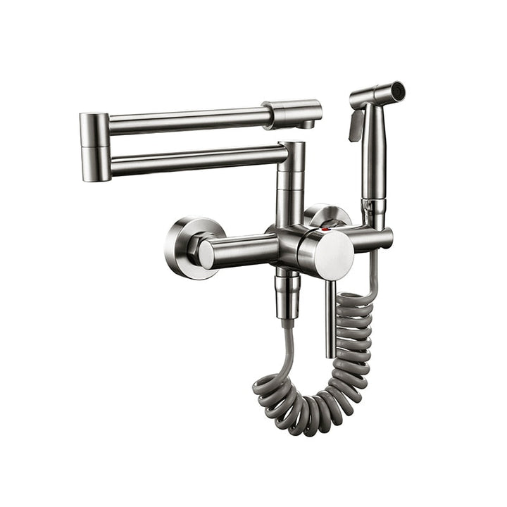 Robinet de cuisine professionnel chromé avec bec flexible et pulvérisateur. Installation facile, haute qualité.