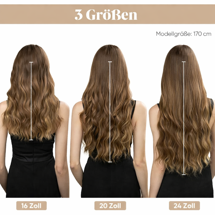 Extensions de cheveux synthétiques brun, système halo discret, facile à poser.