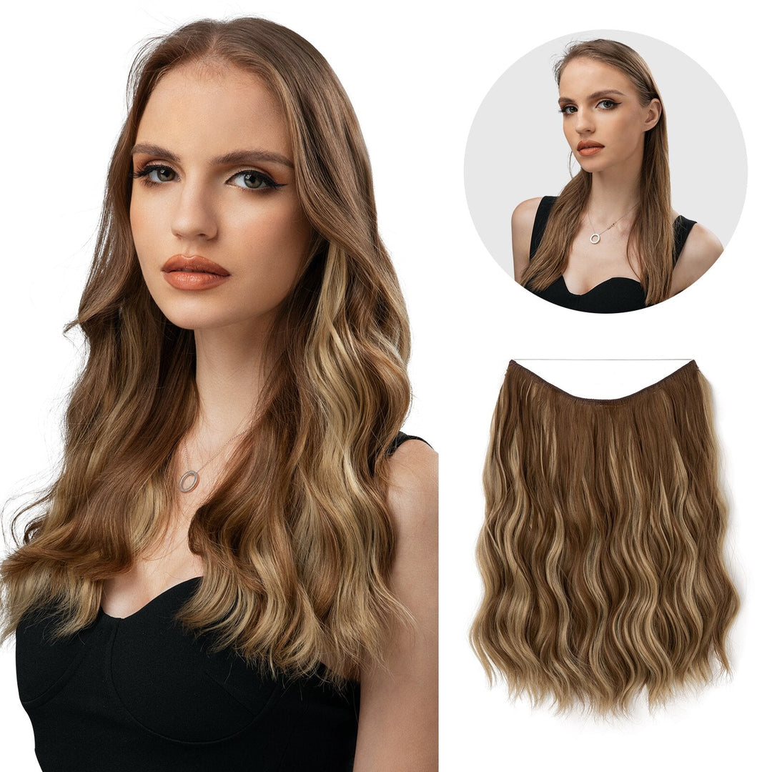 Extensions halo brun pour femmes, fibre synthétique, volume instantané garanti.