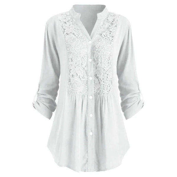 Blouse tunique femme élégante, détails dentelle, boutons, manches 3/4. Parfait pour printemps/été.