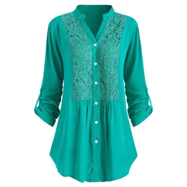 Tunique décontractée femme chic, avec dentelle et boutons. Confortable et polyvalente, mode féminine.