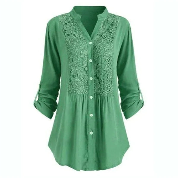 Haut femme élégant et confortable, avec dentelle. Tunique polyvalente pour un style chic décontracté.