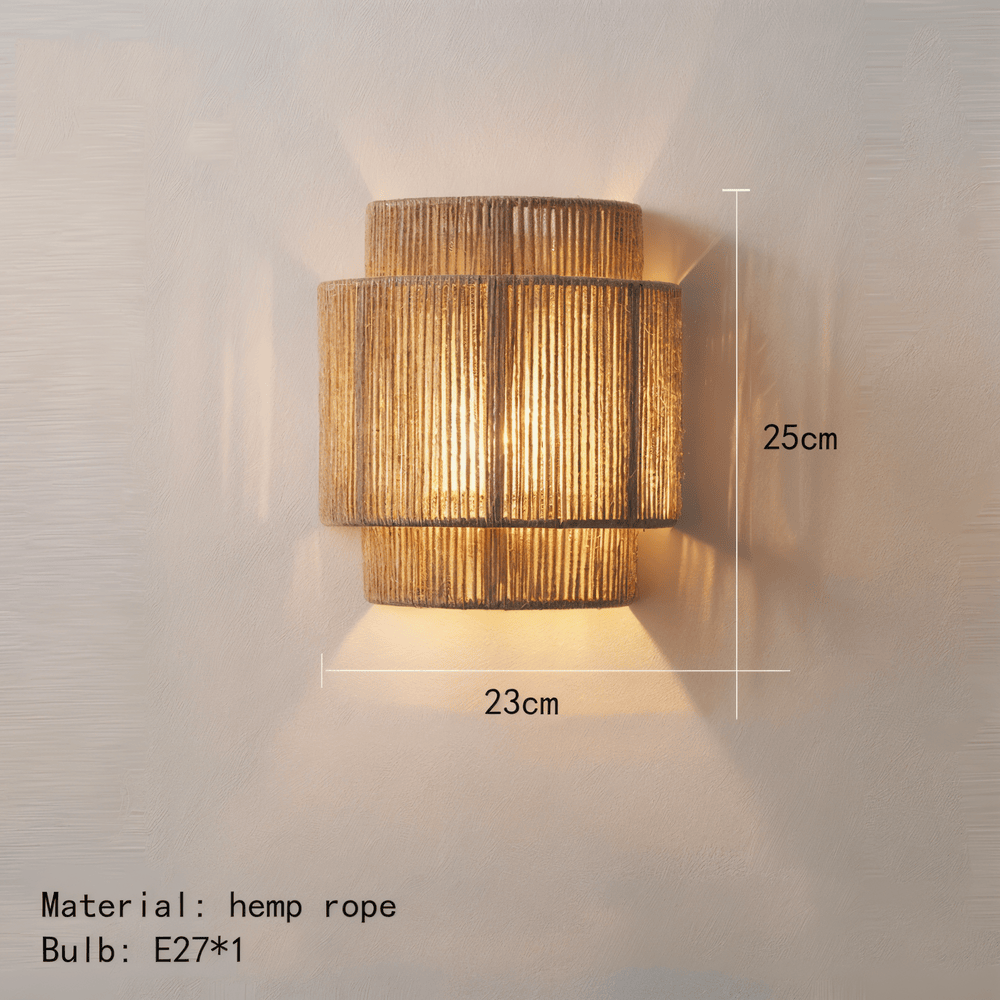 Applique murale en rotin et chanvre pour chambre, salon ou couloir, style bohème scandinave écologique.