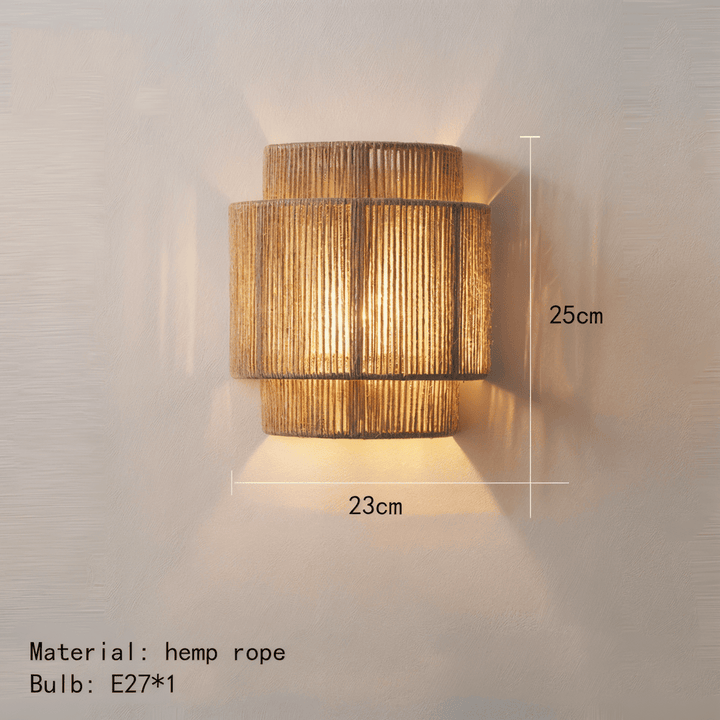 Applique murale en rotin et chanvre pour chambre, salon ou couloir, style bohème scandinave écologique.