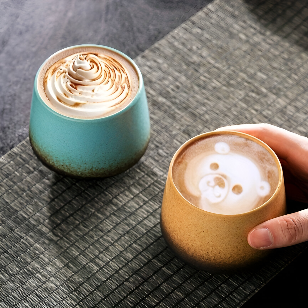 Tasses à café en céramique artisanales tie-dye, parfaites pour le petit-déjeuner ou le thé.