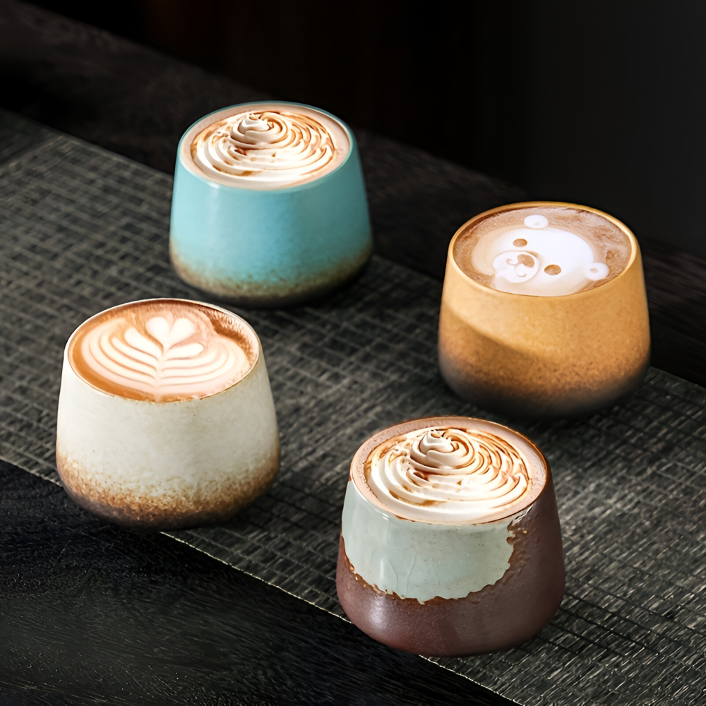 Set de 4 tasses à café en céramique artisanales au design tie-dye unique pour votre cuisine.