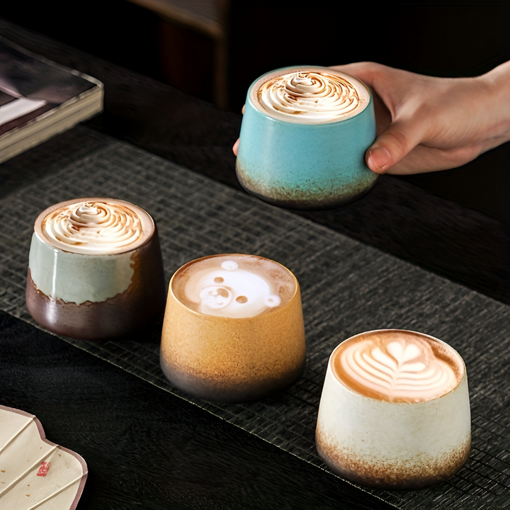 Mugs en céramique artisanale tie-dye, faits à la main, pour boissons chaudes. Lot de 4.