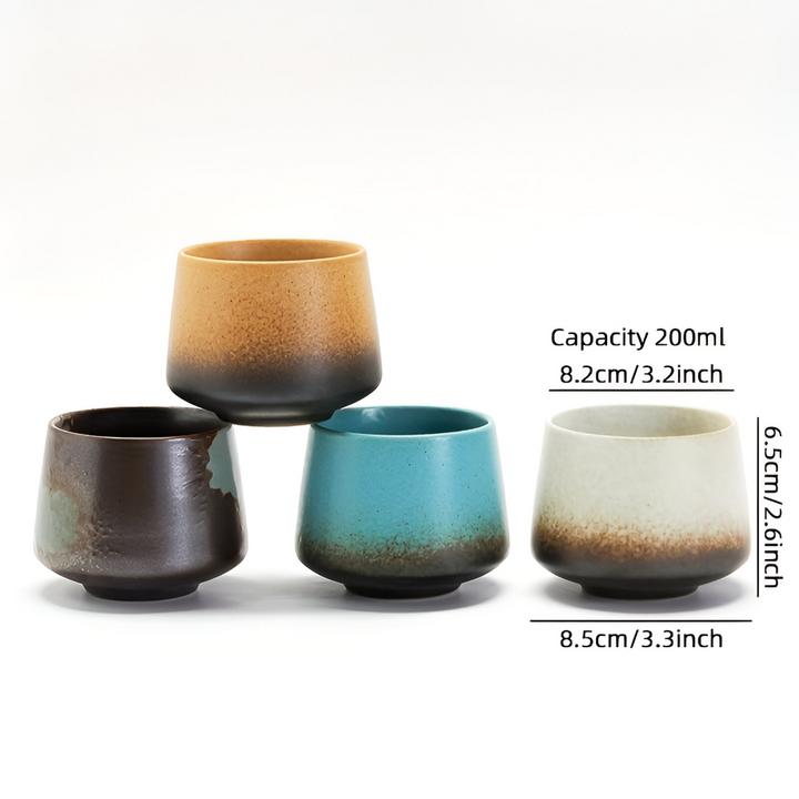 Pack de 4 tasses à café en céramique tie-dye, prêtes à l'emploi. Vaisselle originale.