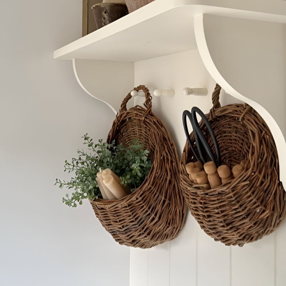 Panier mural en osier tressé artisanalement, idéal pour les plantes ou un rangement mural décoratif.