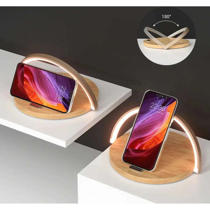 Lampe de chevet AuraGlow avec station de charge sans fil rapide Qi, multi-appareils pour iPhone, Apple Watch, AirPods.