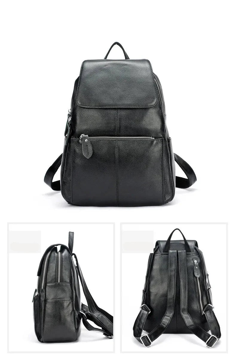 Sac à dos femme en cuir ouvert, montrant son espace généreux et son organisation intelligente.