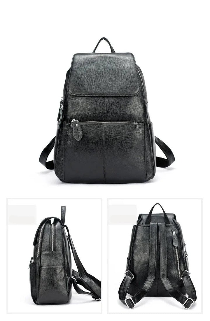 Sac à dos femme en cuir ouvert, montrant son espace généreux et son organisation intelligente.