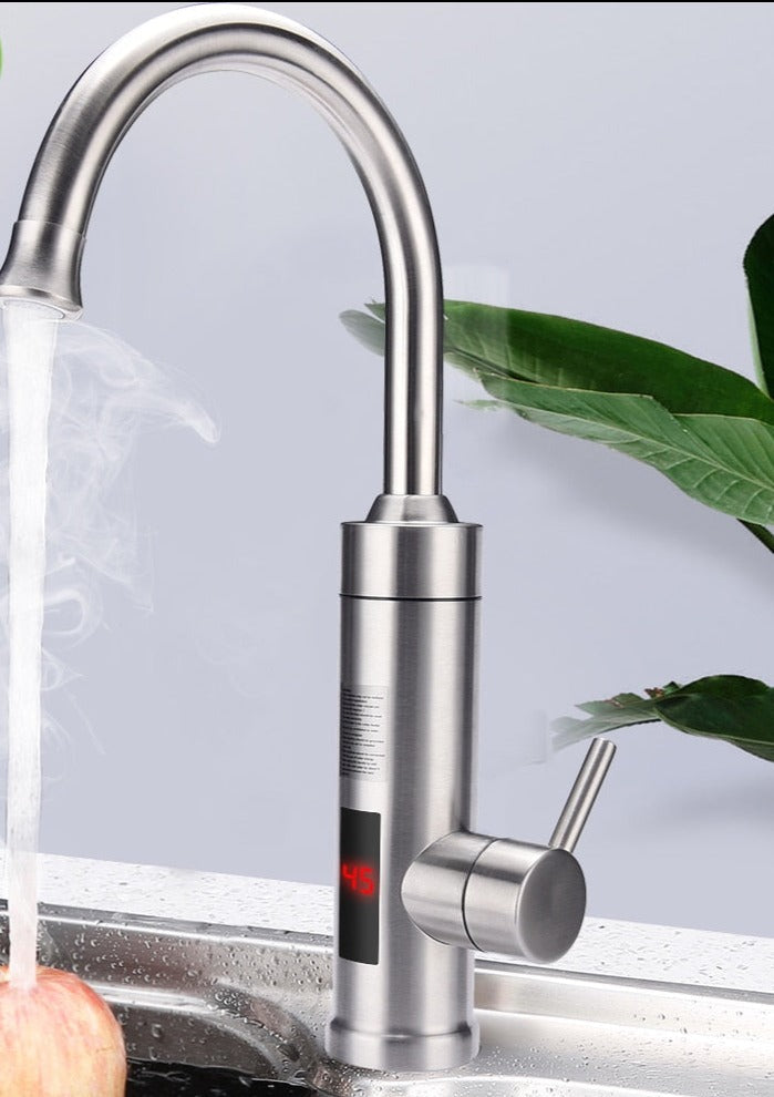 Robinet mitigeur de cuisine électrique pour eau chaude instantanée, design contemporain en acier.